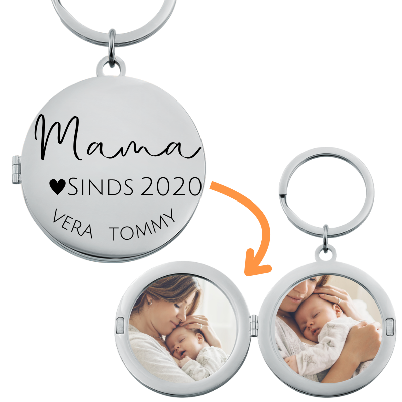Gepersonaliseerde  Fotohouder Sleutelhanger voor Mama met Kindernamen en Datum
